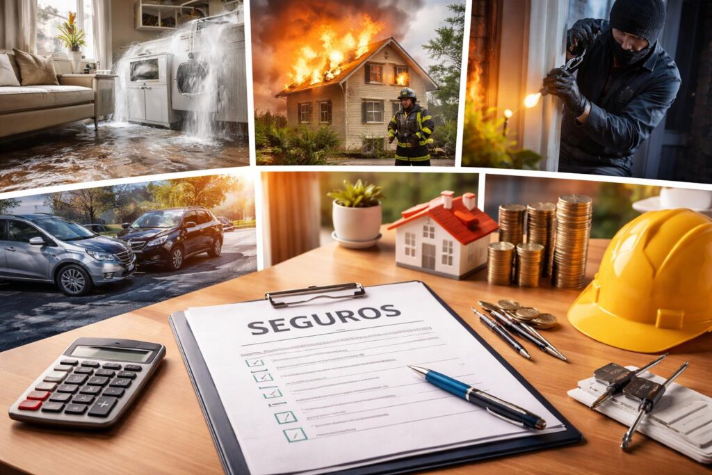 Escenas representativas de siniestros comunes: fuga de agua, incendio en vivienda, robo, accidente de tráfico y análisis de seguros para prevenir pérdidas económicas
