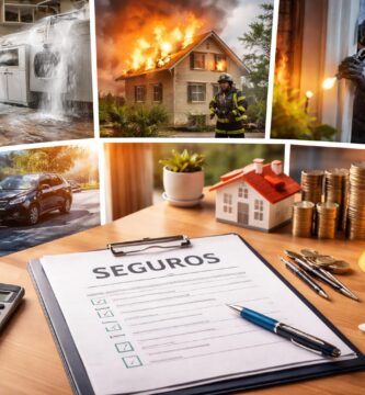 Escenas representativas de siniestros comunes: fuga de agua, incendio en vivienda, robo, accidente de tráfico y análisis de seguros para prevenir pérdidas económicas