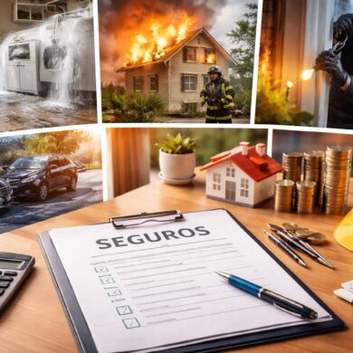 Escenas representativas de siniestros comunes: fuga de agua, incendio en vivienda, robo, accidente de tráfico y análisis de seguros para prevenir pérdidas económicas