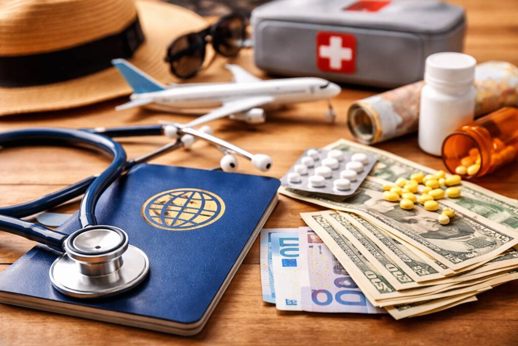 Pasaporte, estetoscopio, medicamentos y avión en escritorio representando seguro médico internacional para viajes 2026