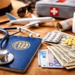 Pasaporte, estetoscopio, medicamentos y avión en escritorio representando seguro médico internacional para viajes 2026