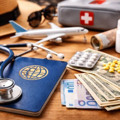 Pasaporte, estetoscopio, medicamentos y avión en escritorio representando seguro médico internacional para viajes 2026