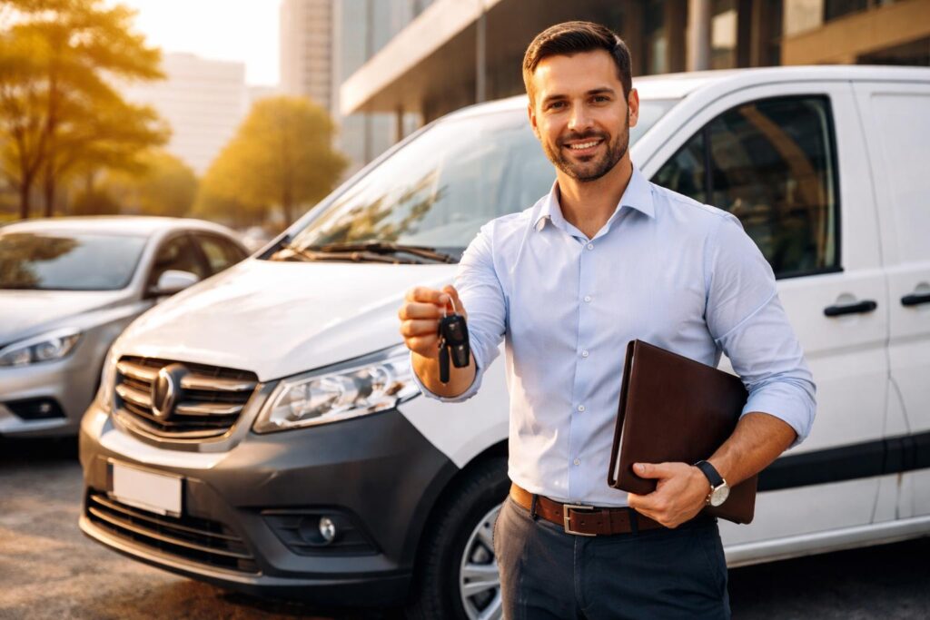 Autónomo frente a su vehículo de trabajo asegurado, mostrando seguridad y profesionalidad