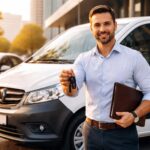 Autónomo frente a su vehículo de trabajo asegurado, mostrando seguridad y profesionalidad