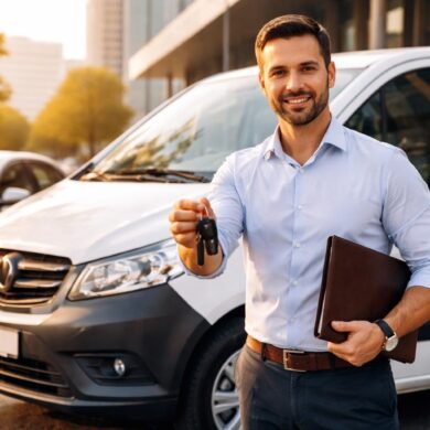 Autónomo frente a su vehículo de trabajo asegurado, mostrando seguridad y profesionalidad