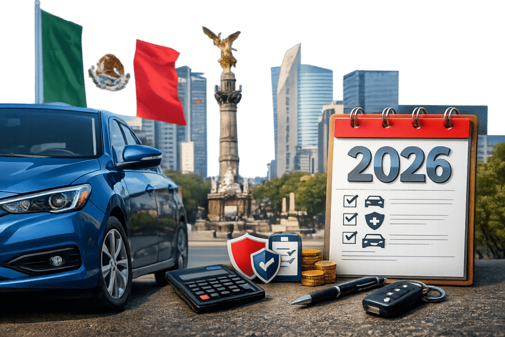 Coche moderno azul con elementos de seguro en México 2026, incluyendo calculadora, llaves y calendario, frente al Ángel de la Independencia.