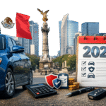 Coche moderno azul con elementos de seguro en México 2026, incluyendo calculadora, llaves y calendario, frente al Ángel de la Independencia.