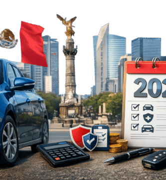 Coche moderno azul con elementos de seguro en México 2026, incluyendo calculadora, llaves y calendario, frente al Ángel de la Independencia.